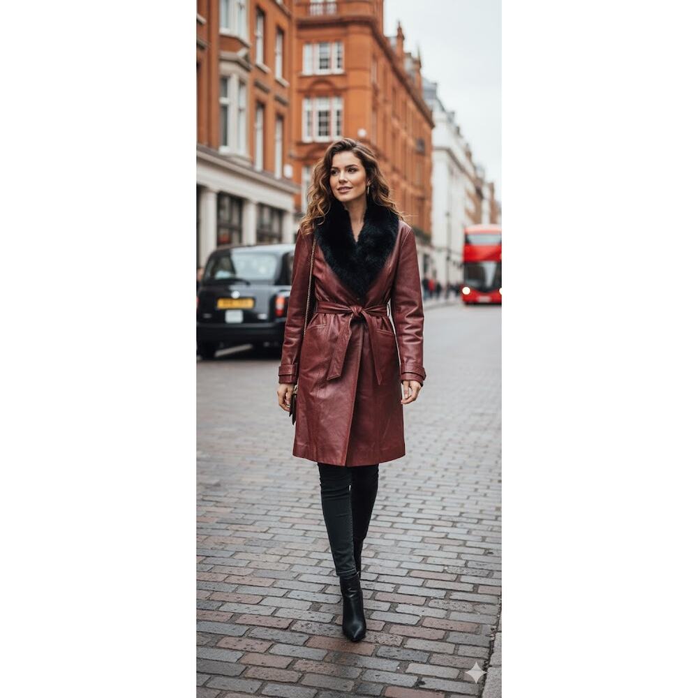 EXCELLED COLLECTION 100% Leather Faux Fur Ruby Color Women Trench Coat Sz XL